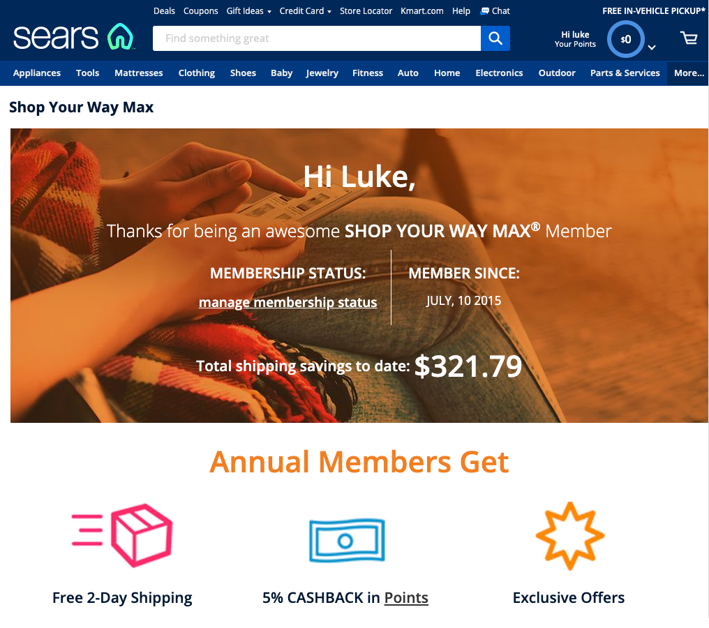 This is a customized profile page detailing a users savings for being in the Shop Your Way Max program